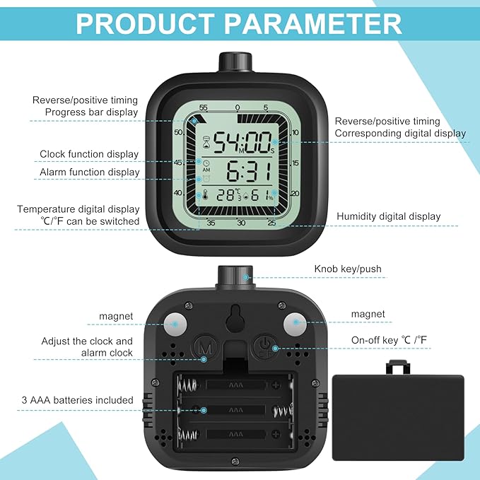 Visual Timer with Alarm Clock Kids Timer Countdown Count-up 1-60 Minutes Kitchen Timer Student Timer Bathroom Timer Clock Sports Timer time Manager with Digital Thermometer Hygrometer (Black)