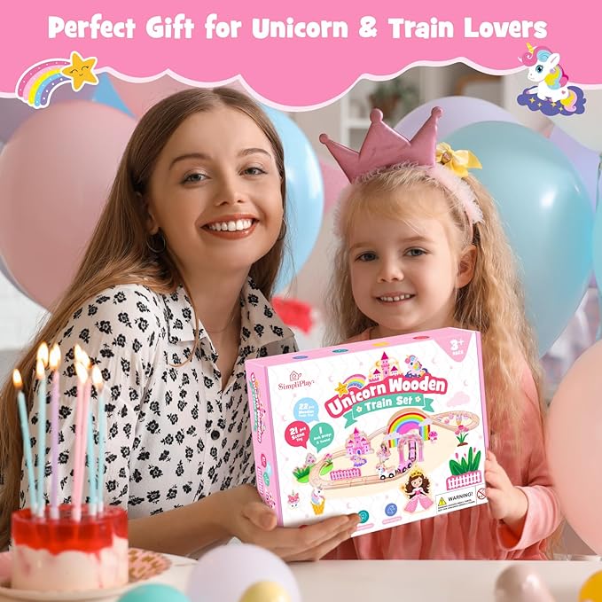 SIMPLIPLAY Wooden Train Set - 43PCS Unicorn Magnetic Toy Train Sets with Wooden Train Tracks & Bridge for Girls Toddlers, Enhance Fine Motor Skills, Ideal for Birthday