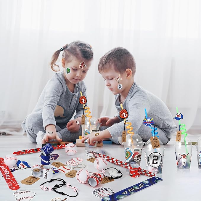 LiYiQ 158 Pcs Baseball Party Favors Baseball Party Supplies With Cup Straw Stress Ball Keychain Sticker Slaps Bracelets Whistle Thank You Tags For Baseball Birthday Decorations (Baseball)