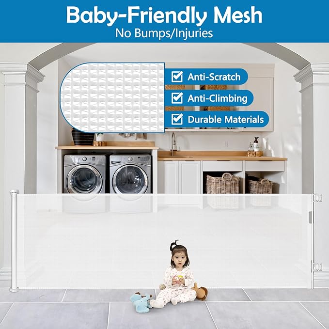 90 Inch Retractable Baby Gates Extra Wide Dog Gates for Dogs Indoor Outdoor Extra Long Baby Gates for Large Openings Large Baby Gate Mesh Dog Gates for The House Extra Wide Baby Gate Deck Gate, White