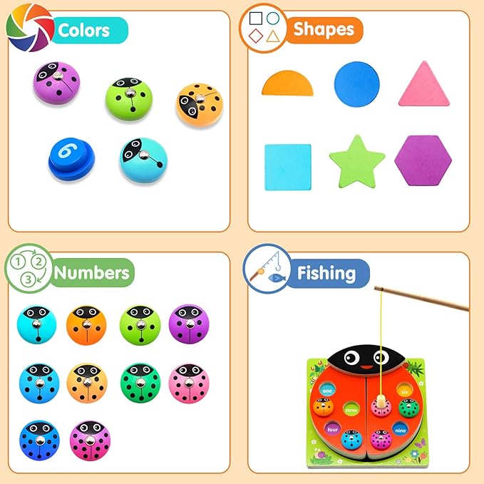 Wooden Ladybug Montessori Toys for 1 2 3 4 Year Old Boy Girl Christmas One 1st Birthday Gift Magnetic Fishing Game for Toddler 1-3 2-4 Educational Learning Number Counting Shape Sorter Sorting