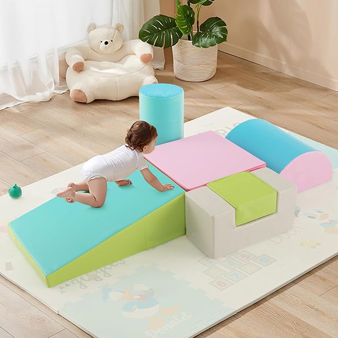 HONEY JOY 6-Piece Climb and Crawl Playset, Soft Climbing Foam Block Activity Play Structure Gym Equipment for Infant Baby, Color Coordination, Waterproof Indoor Climbing Toys for Toddlers (Green)