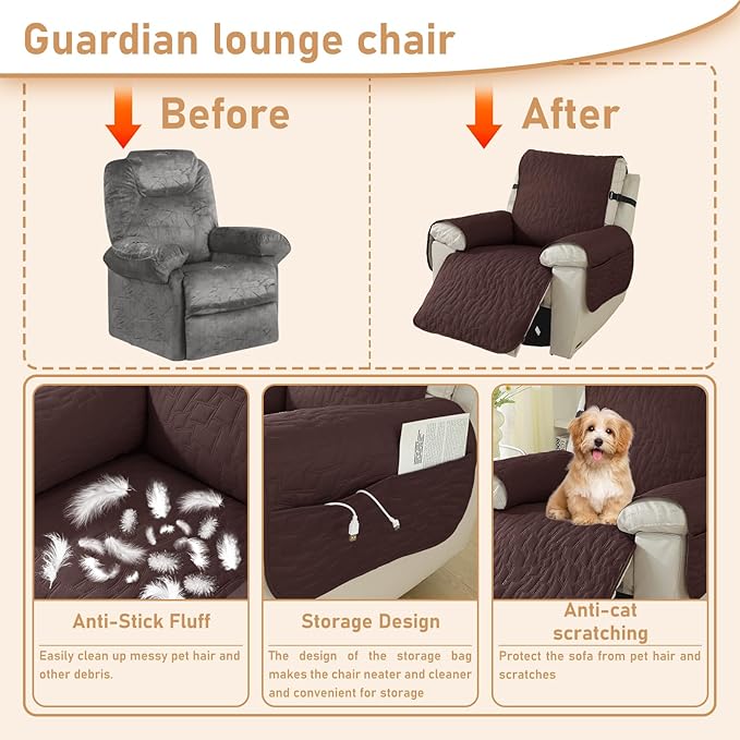 100% Waterproof Recliner Chair Cover, Non Slip Covers for Recliner Chair with Pocket, Washable Recliner Armchair Cover for Kids, Pets, Dog, Cat,Dark Coffee,23IN