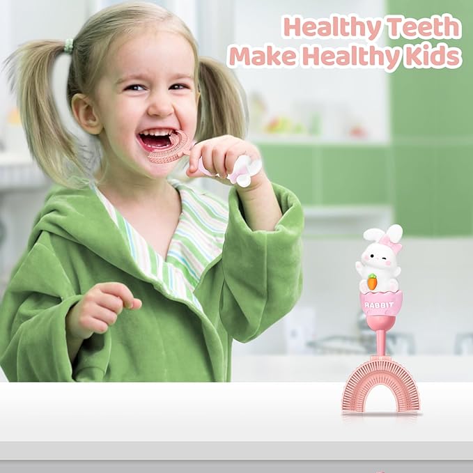 Toddler U-Shaped Toothbrush for 2-6 Years, Training Toothbrush, Kids Toothbrush, Food Grade Soft Silicone Brush Head, 360° Oral Teeth Cleaning Design for Kids, U-Shape Toothbrush for Kids (Pink