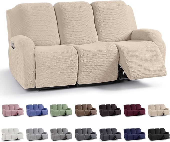 KinCam Recliner Covers, Stretch Reclining Chair Covers, Recliner Sofa Slipcovers Stripe Jacquard Recliner Couch Covers Furniture Protector Covers for Pet Kid (3 Seater, Vanilla)