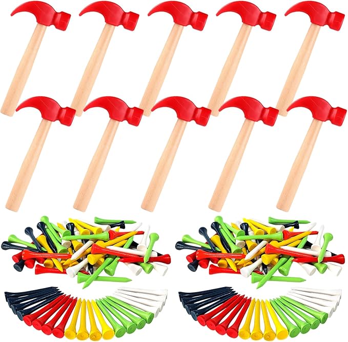 10 Pcs Kids Wooden Hammer Toy with 100 Pcs Colorful Wood Golf Tees, Small Plastic Hammer Simulation Hammers Educational Toys for Children Gift Birthday Party (Red)
