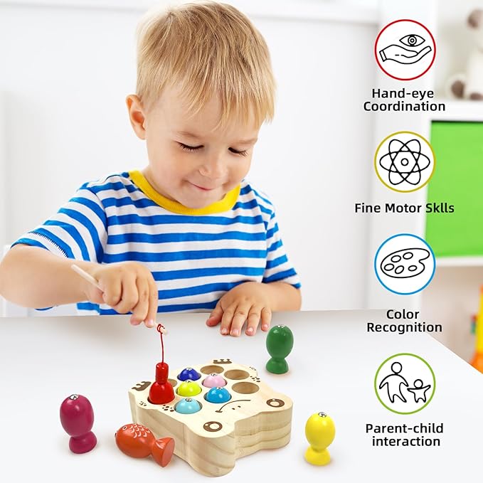 Wooden Magnetic Fishing Game for Toddlers 1-3, Frog Fishing Color Sorting Montessori Sensory Preschool Educational Learning Fine Motor Skills Toys for 3 4 5 Years Old Boys Girls