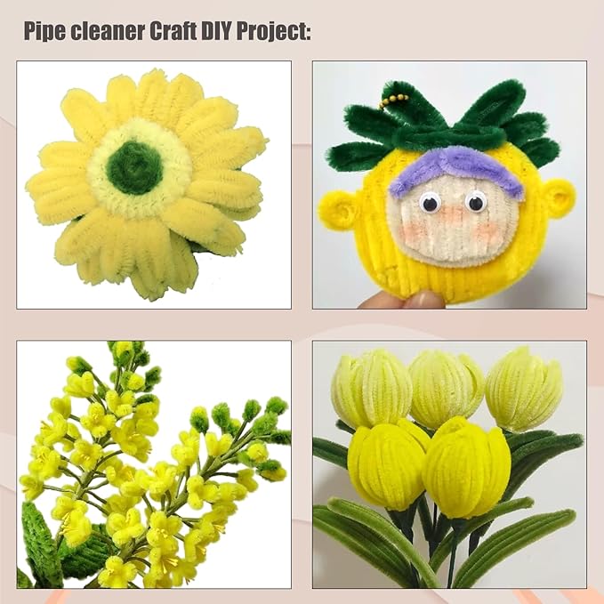 Swpohrat 100 Pieces Yellow Pipe Cleaner Craft Set,Thick Fuzzy Chenille Stem Pipe Cleaners for DIY Craft Projects and Decorations