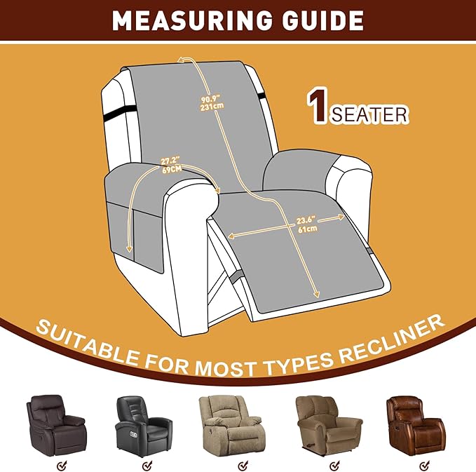 XINEAGE 100% Waterproof Recliner Chair Cover, Non Slip Covers for Recliner Chair with Pocket, Washable Dog Recliner Couch Cover with Elastic Straps (Dark Blue, 23.6")