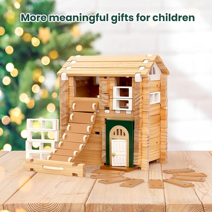 Jovi-mindly Dream House Building Blocks Set Wooden Blocks Toys (107 pcs) with Door and Windows, Educational Classic Wooden Blocks for Toddlers Ages 3+ Boys and Girls Aged,FSC Certified