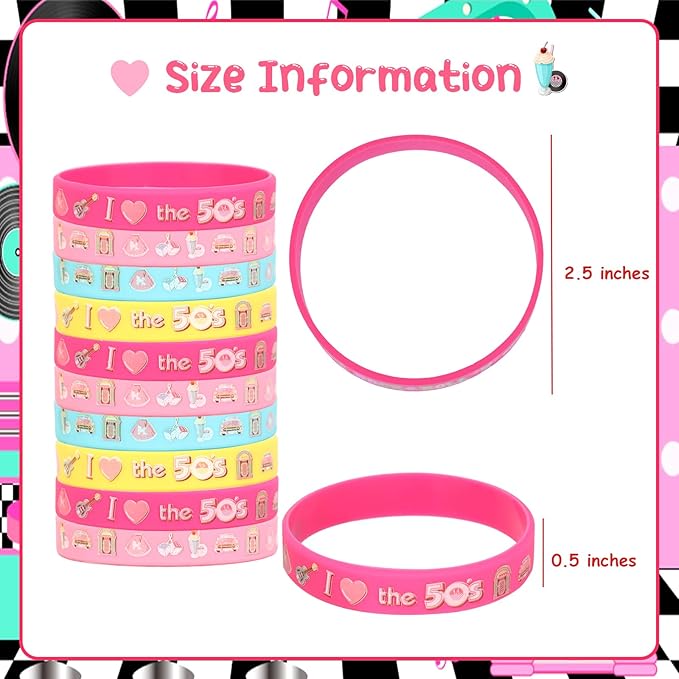 Serencatcher 50’s Sock Hop Party Bracelets, 1950s Party Decorations with 24pcs Rock and Roll Party Favors Silicone Bracelets Wristbands for Retro Rock N Roll Music Disco Dancing Birthday Party