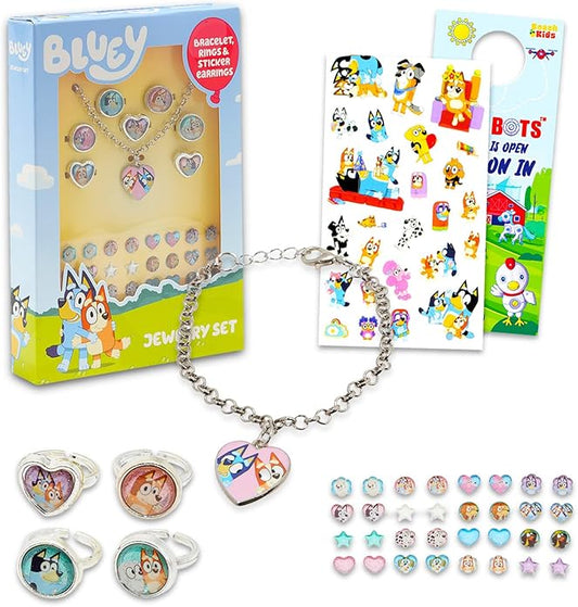 Bluey Jewelry Set for Girls - Bluey Dress Up Accessories Bundle with Necklace, Sticker Earrings, Rings, and More | Bluey Necklace and Rings Set