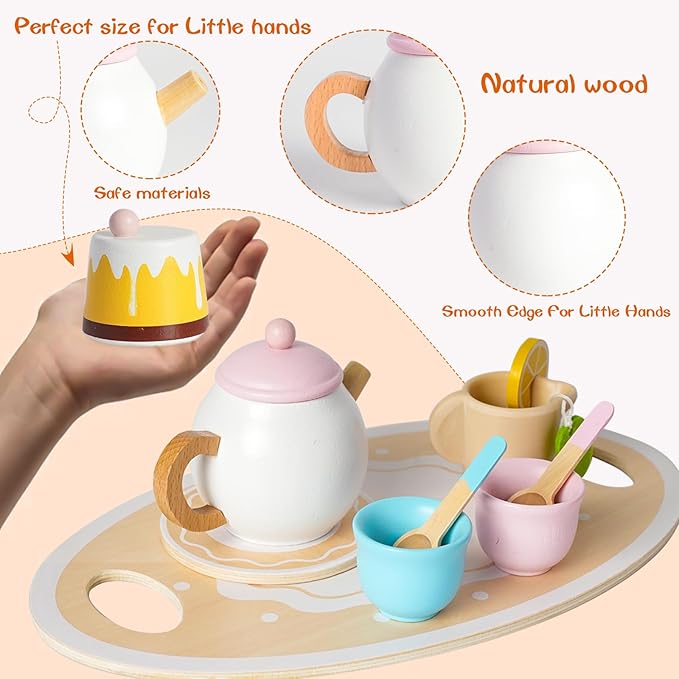 Wooden Tea Party Set for Little Girls,Pretend Play Kitchen Accessories for Toddler 2-10 Years Old,20pcs Wooden Toys for 2 3 4 5 6 Year Old Girl Birthday Gift