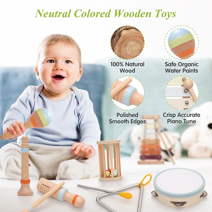 Baby Musical Instruments,Montessori Wooden Percussion Instruments Toy for Toddlers1-3, with Modern Boho Xylophone Tambourine for Kids Preschool Educational 3+ Christmas Birthday Gifts