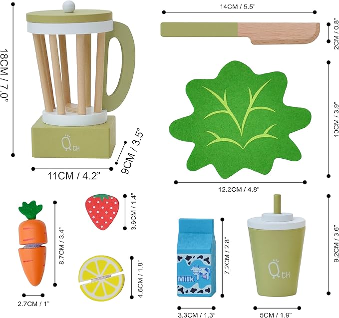 Teamson Kids Little Chef Frankfurt 13-pc. Wooden Play Kitchen Blender Accessory Set with Pretend Ingredients, Natural/Green