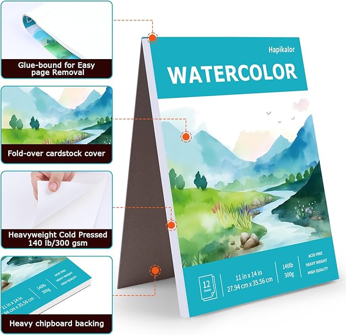 Hapikalor 11"x14" Watercolor Paper Pad, 1-Pack, 140lb/300gsm Artist Painting Drawing Paper Book, Art Supplies for Adults Kids, Watercolors, Watercolor Paint Set, Sketchbook, Journal, Teal