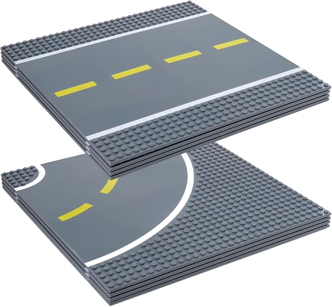 Strictly Briks Compatible with Lego Building Blocks Road Plates 10" x 10", 8 Pack Kids Brick Baseplates for City Road, Street, Race Track, Towns, Classic Size (4 Straight & 4 Curved)