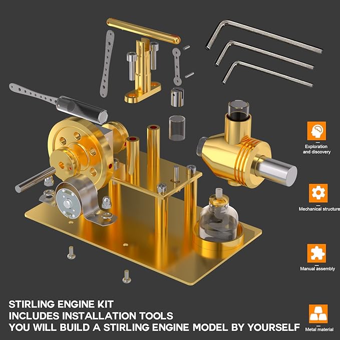 Full Metal Stirling Engine Model Kit, DIY Metal Balance Hot Air Stirling Engine Generator Model with Lights, Science Experiment Kits for Adults and Teens