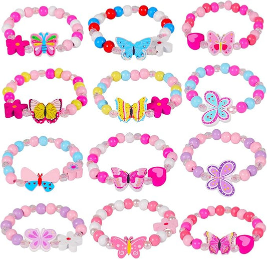 Butterfly Bracelets for Kids Girls - Princess Birthday Gifts Party Favors Goodies Bag Stuffers Fillers, Wooden Beaded Play Jewelry Bracelets Cute Butterflies Flowers Pendants