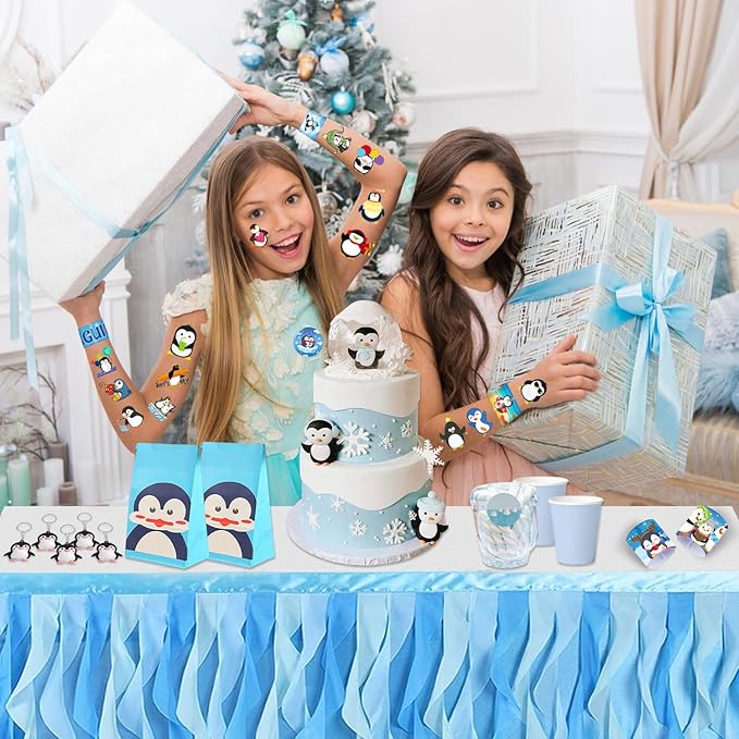 Penguin Party Favors, Penguin Temporary Tattoos Slap Bracelets Keychains Badges Gift Bags for Winter Penguin Birthday Party Supplies Decorations Gifts for Kids Classroom Rewards Baby Shower