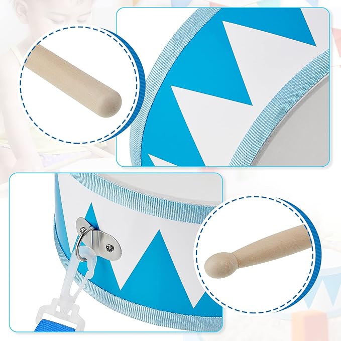 Kids Drum Set 7.87 in Wooden Toy Drum with Adjustable Strap 2 Drumsticks Educational Sensory Musical Instrument Set for Toddlers Kids Baby Toy Gift(Blue Triangle Style)