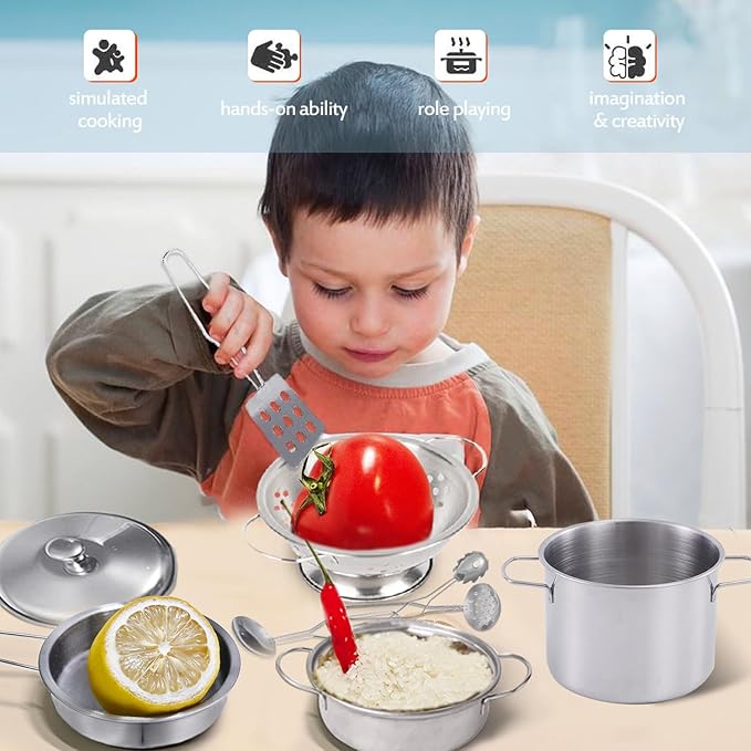 Tiny Cookware Utensils Pretend Play Kitchen Toys Stainless Steel Cooking Set Toys Montessori Kitchen Playset Kids Pots and Pans Playset,Play Kitchen Cooking Toys Kitchen Accessories for Kids Toddlers
