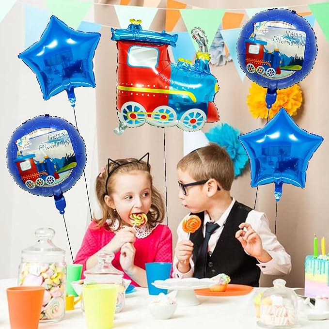 5PCS Jumbo Blue Train Foil Balloons Set Train Themed Party Supplies Baby Shower Boy Birthday Party Decor