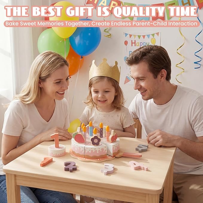 Pretend Play Food for Toddlers 2-5, Wooden Birthday Fake Cake with Candles and Numbers,Tea Party Learning Kitchen Gift Toys for Boys Girls (Pink Cake)