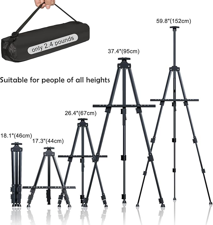 Portable Artist Easel Stand, Art Drawing Easels for Painting Canvas Wedding Signs & Display,Adjustable Height Painting Easel with Bag, Height from 17" to 60" (2 Pack, Black)