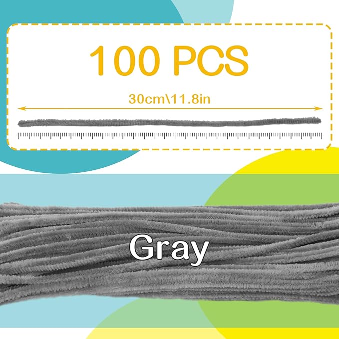 Zlulary 100 Pieces Pipe Cleaners Chenille Stem, Solid Color Pipe Cleaners Set for Pipe Cleaners DIY Arts Crafts Decorations, Chenille Stems Pipe Cleaners (Gray)