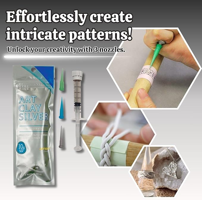 Art Clay Silver 50g, Syringe Type 10g (with 3 Tips) & Set of 3 Polishing Cloths A-0275,A-0281