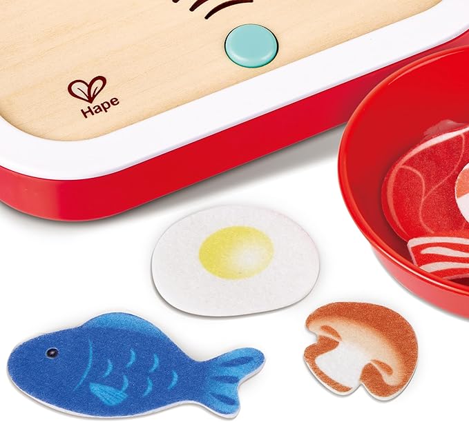 Hape: Interactive Stove Set - Light & Sound, Wooden Cooking Kitchen Play Set, 7pc Felt Food Accessories, Chef Realistic Pretend Play Toy, Kids Ages 3+