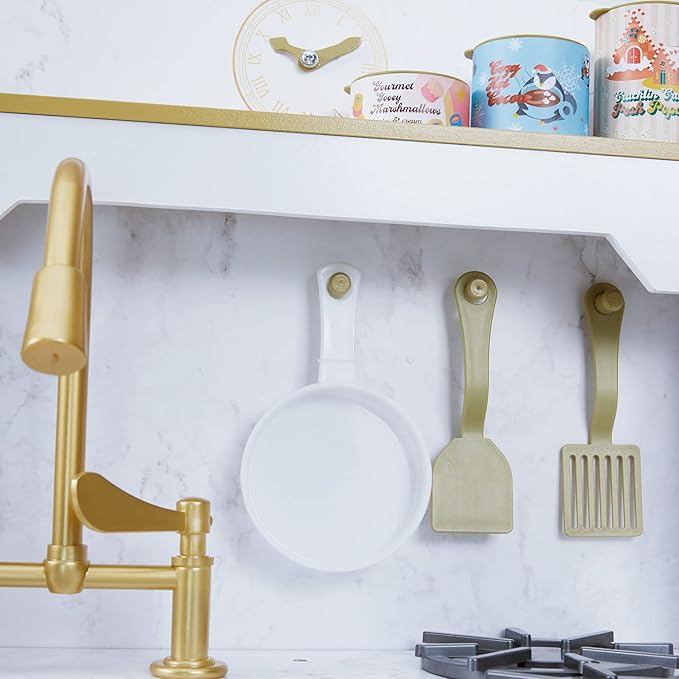 Teamson Kids Versailles Petite Classic Kids Wooden Interactive Play Kitchen, White with Faux White Marble and Gold