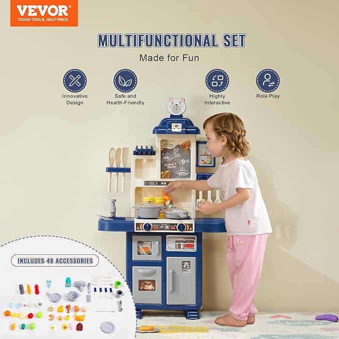 VEVOR Kids Kitchen Playset 48PCS, Pretend Play Kitchen with Cooking Stove with Steam, Sounds and Lights, Play Sink and Play Food, Toy Kitchen Set for Toddlers (Blue) Size 18.5" x 9.4" x 30.7"