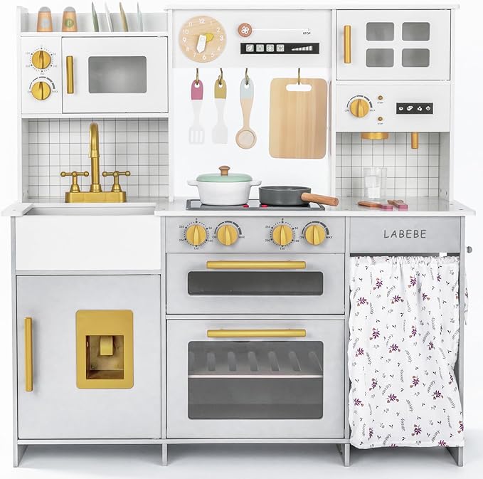 Labebe Wooden Kids Play Kitchen, Toy Kitchen Set with Plenty of Play Features & Cookware, Toddler Kitchen Playset Designed in Trendy Home Style for Boys Girls