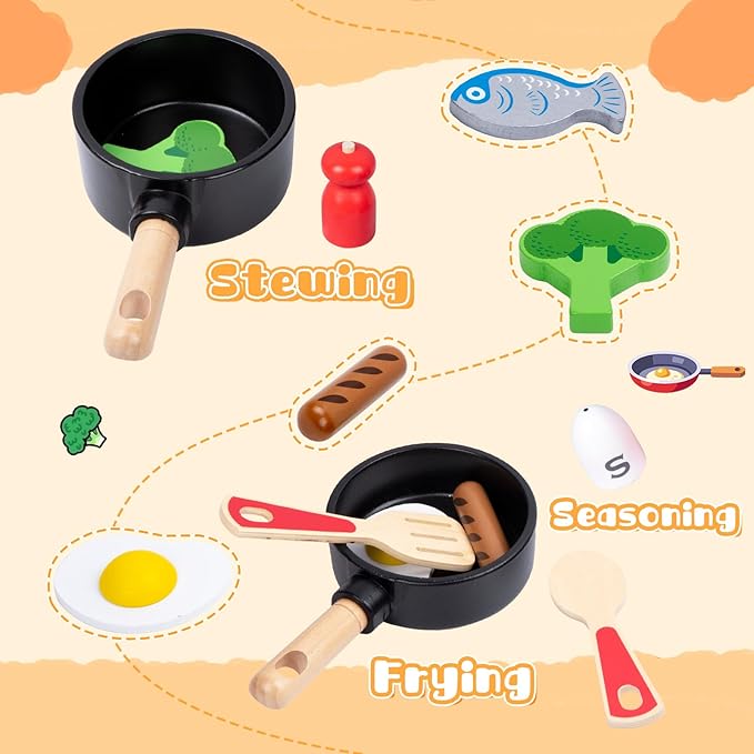 Wooden Play Kitchen Accessories for Toddlers, Kids Pretend Play Pots and Pans Food Cooking Toy, 11 Pieces Montessori Kitchen Tools Gifts for Boys Girls Ages 3 4 5 6 Years Old