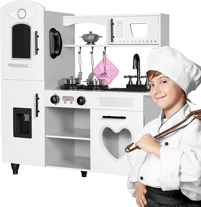 TaoHFE Kids Kitchen Playset,White Play Kitchen Sets for Kids Ages 4-8 Boys Gift Girl Toddler Kitchen Set for Kids Kitchen Playset with Lights & Sounds Wooden Toy Kitchen Playset Gift Kids Kitchen Set