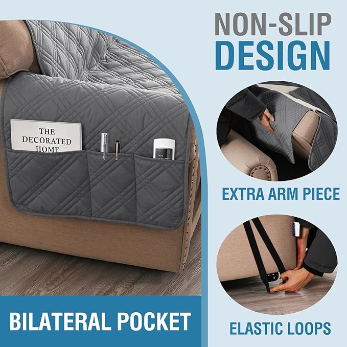 H.VERSAILTEX 100% Waterproof Recliner Chair Covers 1-Piece Reversible Recliner Covers for Large Recliner with Elastic Straps Sitting Width Up to 28" (Oversized Recliner, Grey/Beige)