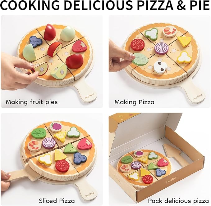 PairPear Wooden Pizza Toy Cutting Play Food Set, Kids Pretend Play Kitchen Accessories, Wooden Kids Kitchen Playset, Pizza Making Toy Set Cooking Gifts for Boys Girls Age 3+