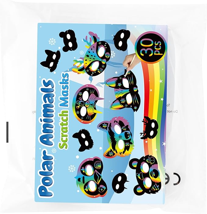 B1ykin 30Pcs Polar Animals Scratch Mask Gift Set, DIY Magic Winter Arctic Animal Scratch Masks Craft Kit for Kids, Color Paper Party Favors for Birthday School Classroom Art Activity Project