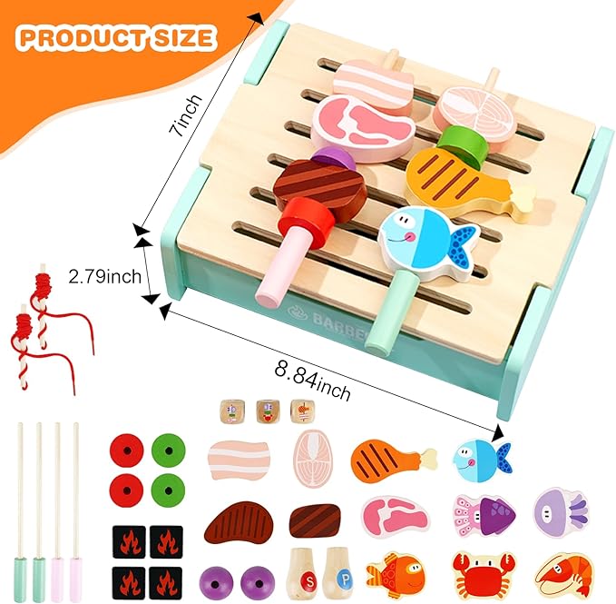 Wooden Grill Playset for Kids 3 Years Old,Children BBQ Grill Playset,2025 New Upgrade Play Kitchen Toy Grill-Pink,chiristmas Gift for Kids