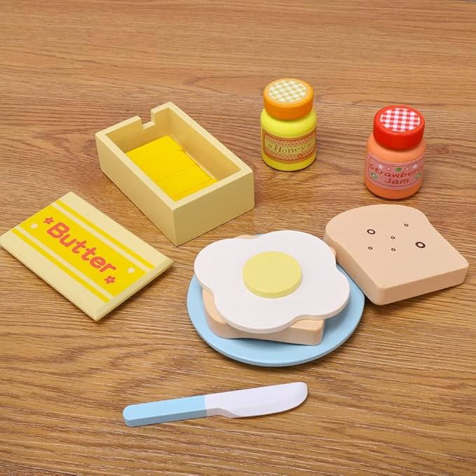 Wooden Kitchen Toy, Pop-Up Bread and Butter Toaster Set, Play Bread Maker Kitchen Accessories Birthday Gift for Ages 3 4 5 6 7 Boys Girls, Early Education Kitchen Pretend Games for Kids, 14 Pieces