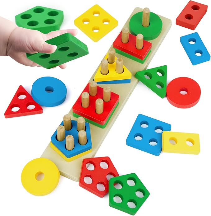 Shape Puzzles Wooden Puzzles for Toddlers 1-3, Color Shape Sorter Stacking Matching Sensory Toys Educational Learning Puzzle Toys for Boys Girls Preschool Birthday, Multicolor