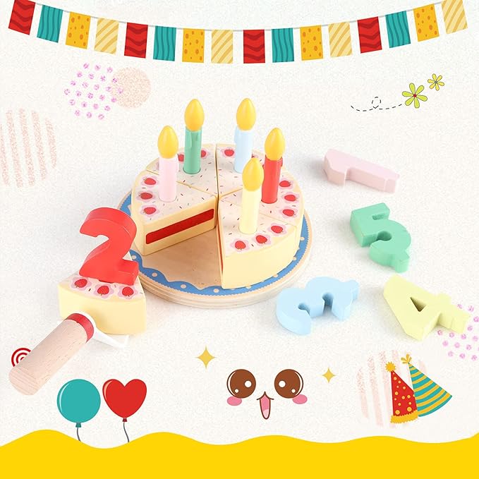 Wooden Cutting Birthday Cake Toys,Birthday Fake Cake Toy with Candles and Numbers, Pretend Play Food Set ,Montessori Tea Party Toys Learning Kitchen Toys for Boys Girls 1-6 Years