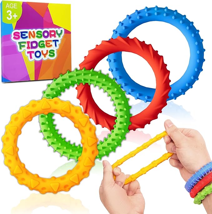 Sensory Fidget Toys for Kids Toddlers Stocking Stuffers 4PC Stretchy Texture Fidgets Bracelet for Autism ADHD Boy Quiet Figette Anxiety Relief Silent Calm Down Silicone Stress Toy Classroom Prizes