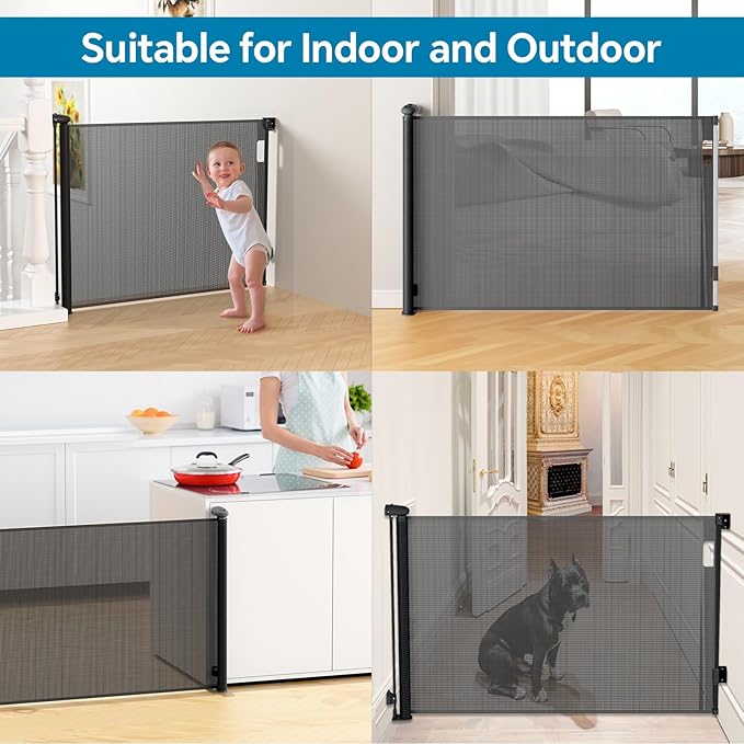 Bulubaky Extra Tall Safety Retractable Baby Gate Adjustable Wide Retractable Dog Gate Mesh Baby Gate Child Gate for Doorway, Hallway, Stair Gates for Kids or Pets (Black, 42" Tall x 71")