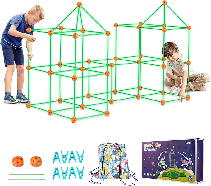 VEVOR Fort Building Kit for Kids, 140PCS Glow in The Dark STEM Building Toys, Educational Gift for 4 5 6 7 8+ Year Old Boys & Girls Indoor Outdoor Play Tent Construction Toys with 96 Rods and 44 Balls