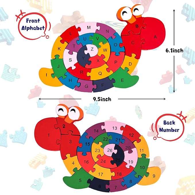 LovesTown Alphabet Jigsaw Puzzles, Wooden Snail Letters Numbers Block Toys, Building Blocks Wooden Puzzles for Kids Educational Learning