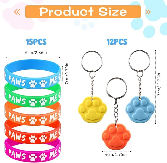 Skylety 58 Pcs Dog Paw Print Party Favors Set, Paw Print Stamps Rubber Silicone Bracelets Sticker Keychain, Puppy Birthday Party Favors Patrol Supplies, Gift Bag Stuffer (Multi Colors)