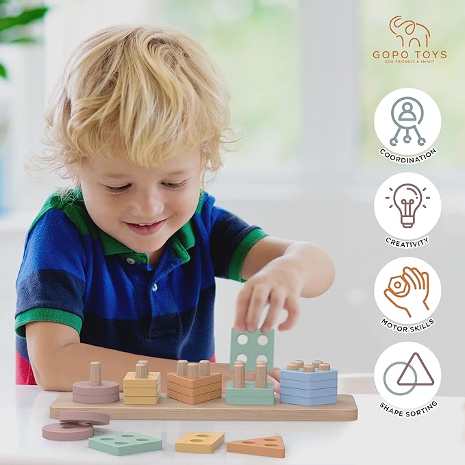 GOPO TOYS Montessori Toys for 18+ Months Old - Toddlers Wooden Sorting and Stacking Toys for Baby Boys and Girls - Shape Sorter and Color Stacker Preschool Kids Wood Gifts